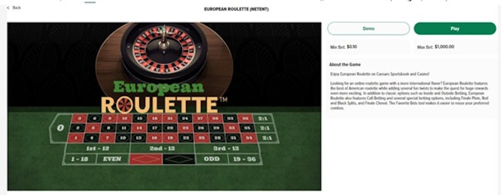 Caesars Free Roulette game screenshot