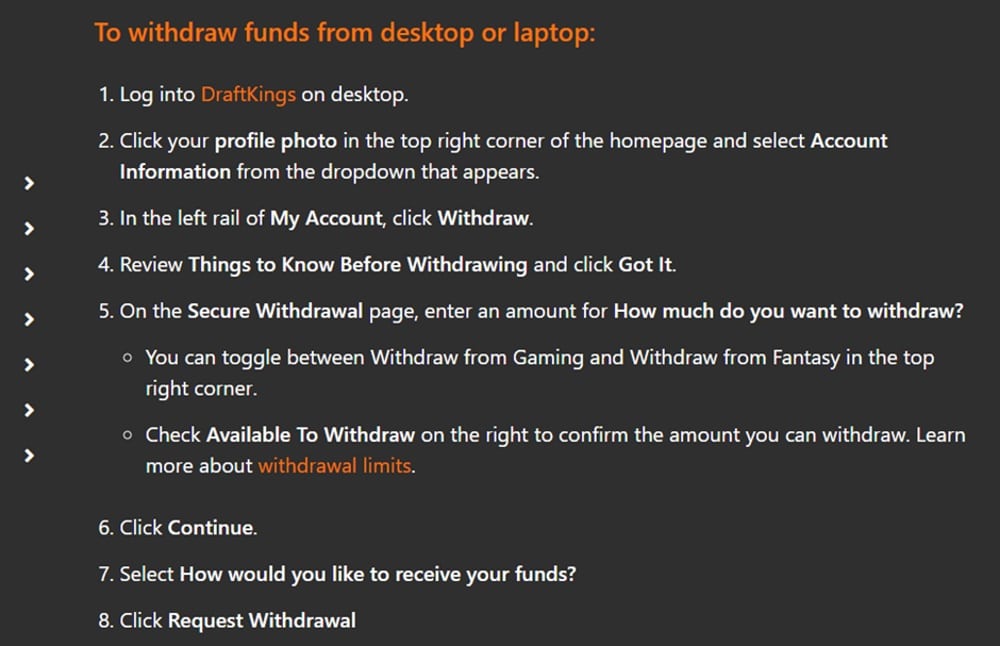 Draftkings withdrawal instructions screenshot