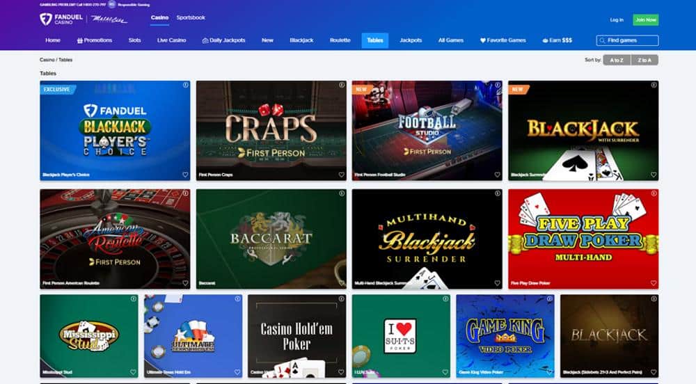 FanDuel Casino table games screenshot