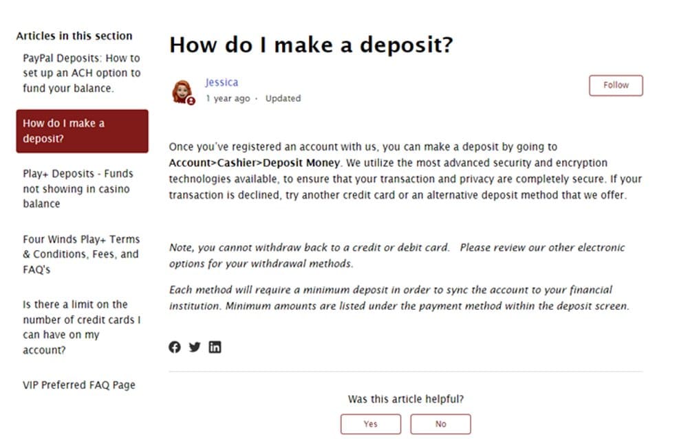 Four Winds Casino deposit instructions screenshot