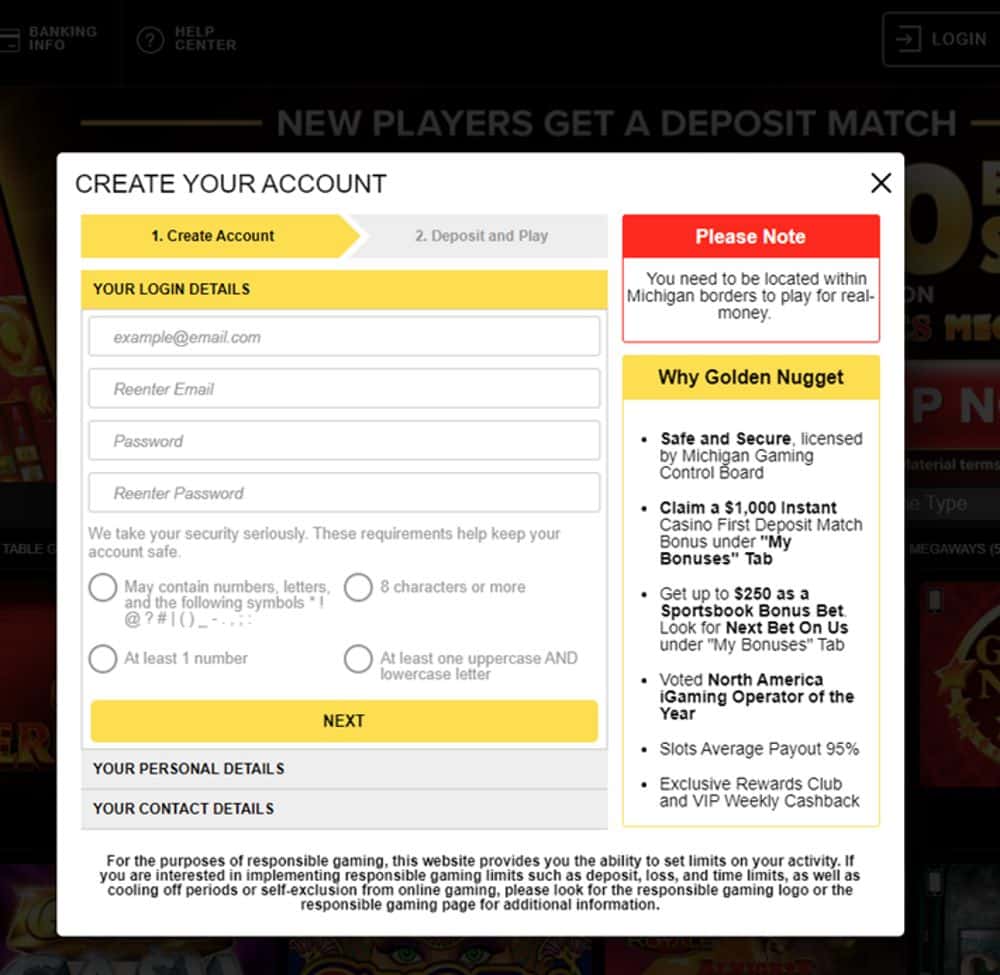 Golden Nugget Casino sign up form screenshot